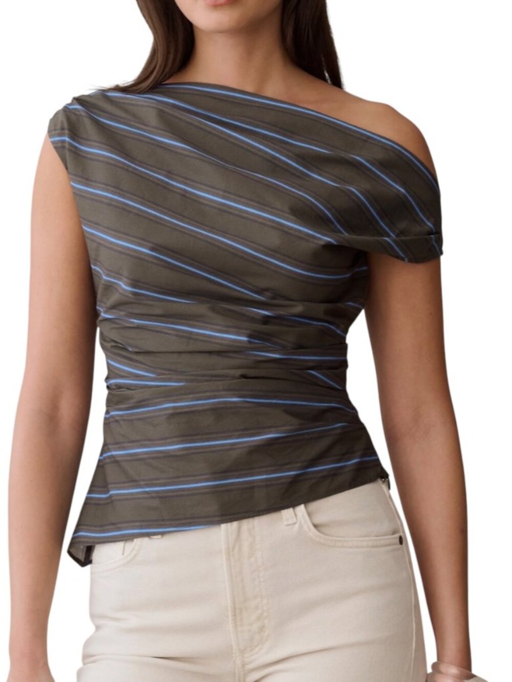 O.P.T. Tashi Cotton Top Earthy Stripe Off Shoulder Ruched NWT Small